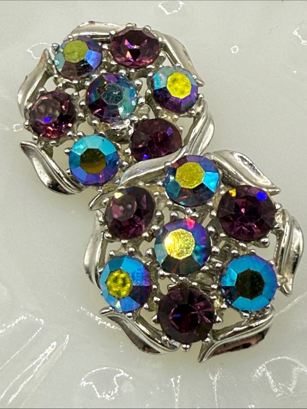 Lux vintage estate BSK signed Aurora Borealis Cluster Clip-On silvertone Earring
